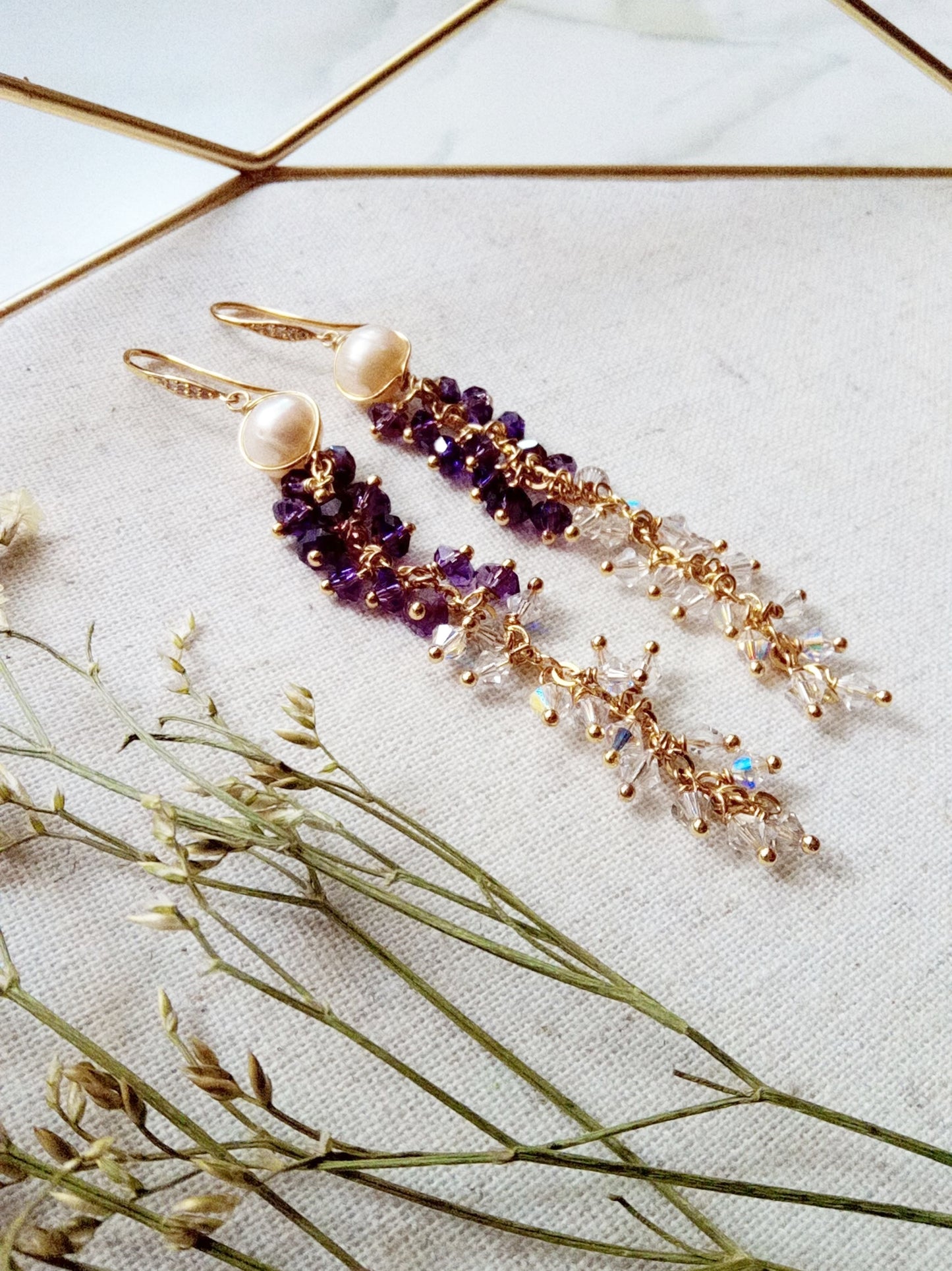 Long Dramatic Bridal Pearl Amethyst Austrian Crystal Gold Filled Earrings E140101
