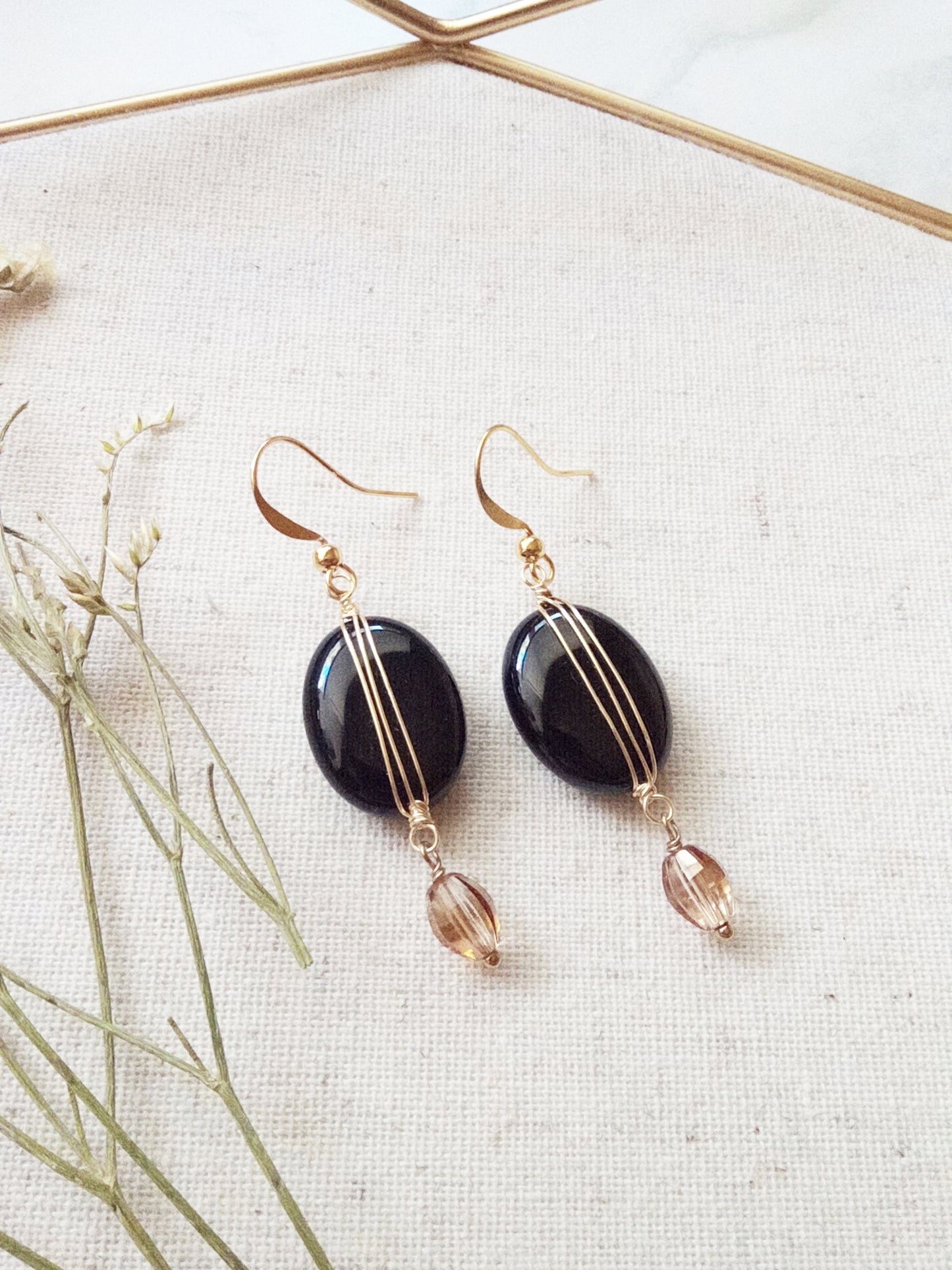 Black Onyx and Champagne Glass Gold Filled Earrings E140016