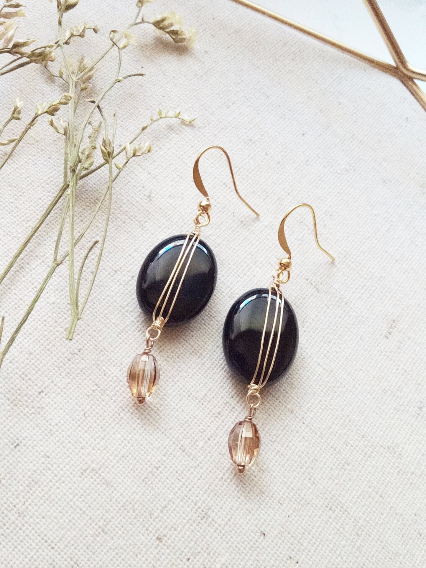Black Onyx and Champagne Glass Gold Filled Earrings E140016