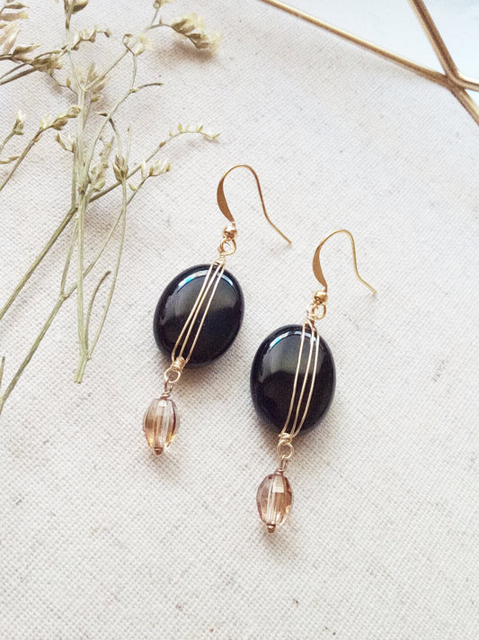 Black Onyx and Champagne Glass Gold Filled Earrings E140016