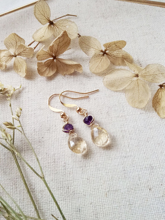 Pale Yellow Topaz and Amethyst Gold Filled Earrings E140026