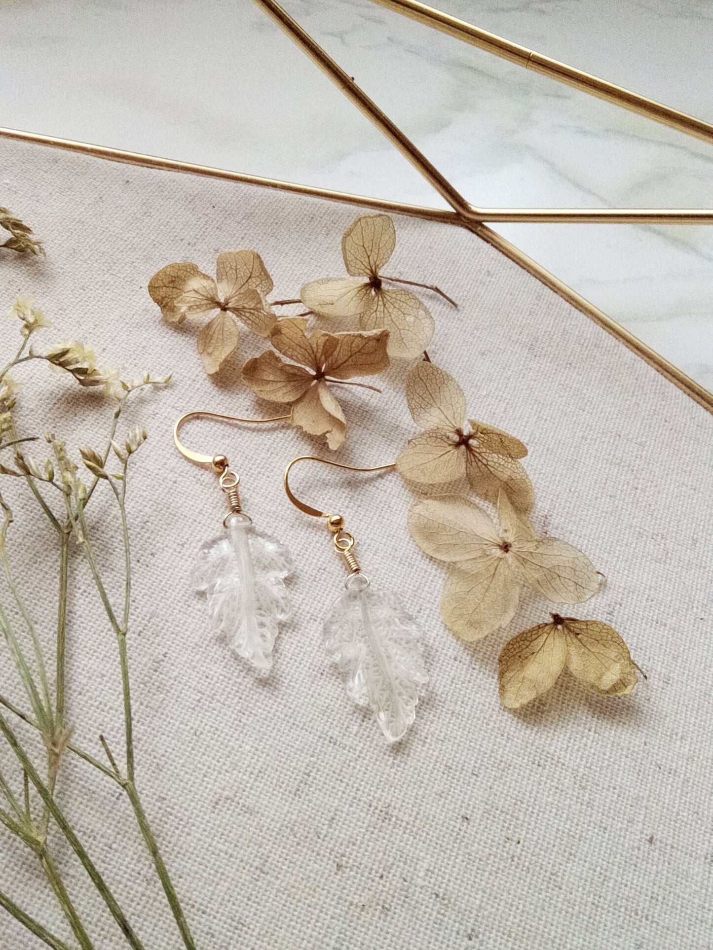 Rustic Clear Quartz Leaf Gold Filled Earrings E140029