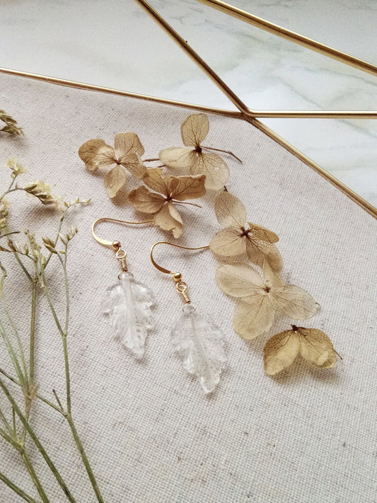 Rustic Clear Quartz Leaf Gold Filled Earrings E140029