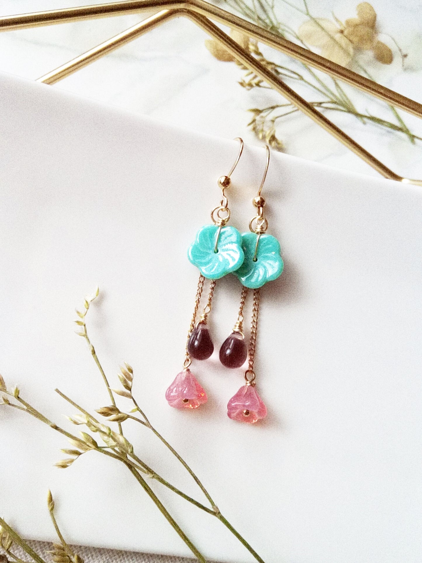 Nature Theme Czech Glass Flower and Leaf Drop Gold Filled Earrings E140036