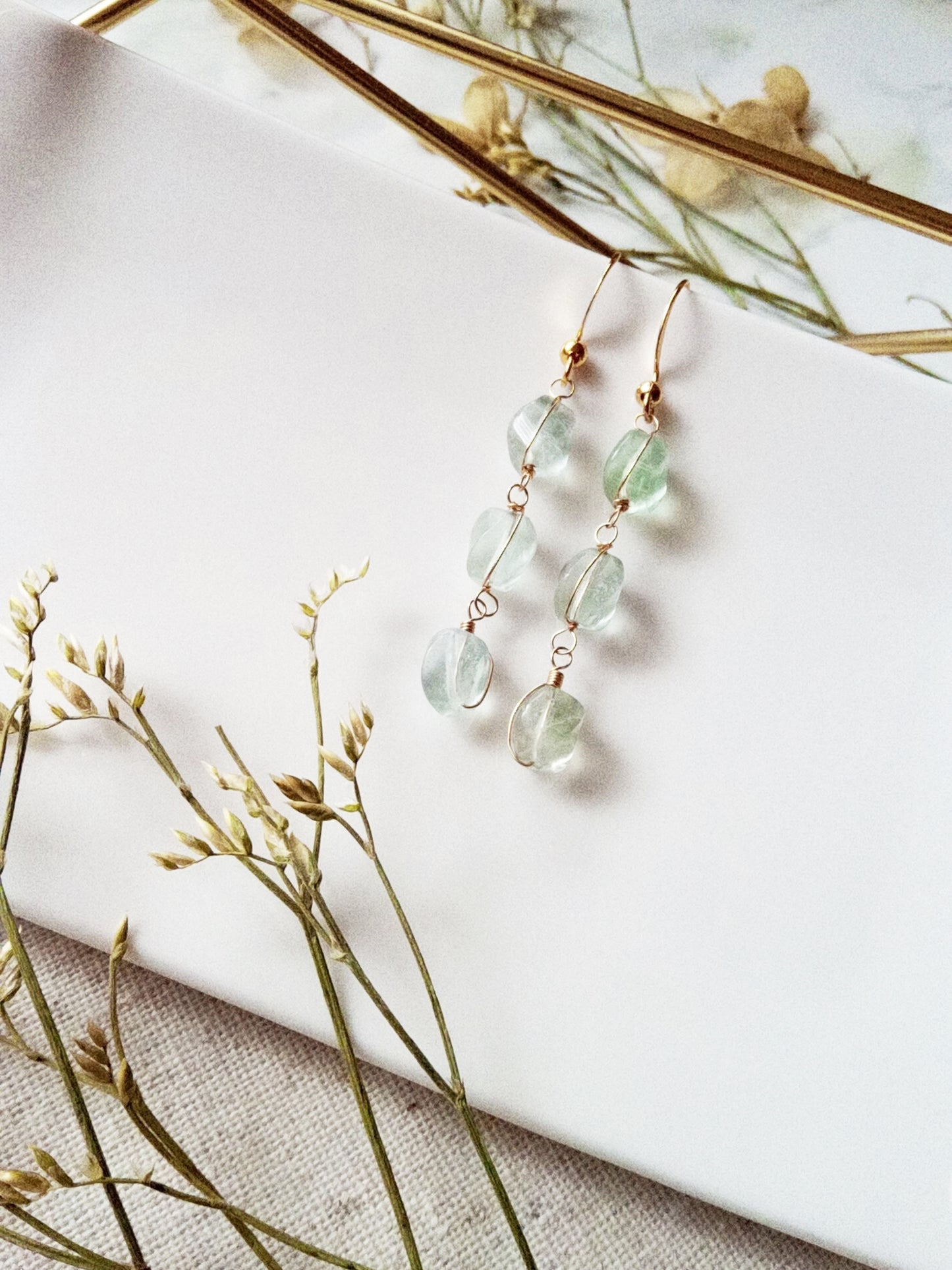 Delicate Green Amethyst Briolette Heart Gold Filled Earrings E140041