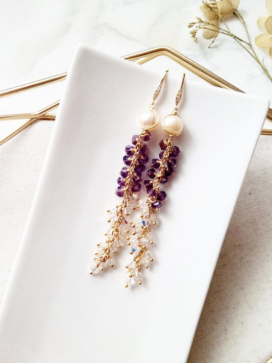 Long Dramatic Bridal Pearl Amethyst Austrian Crystal Gold Filled Earrings E140101