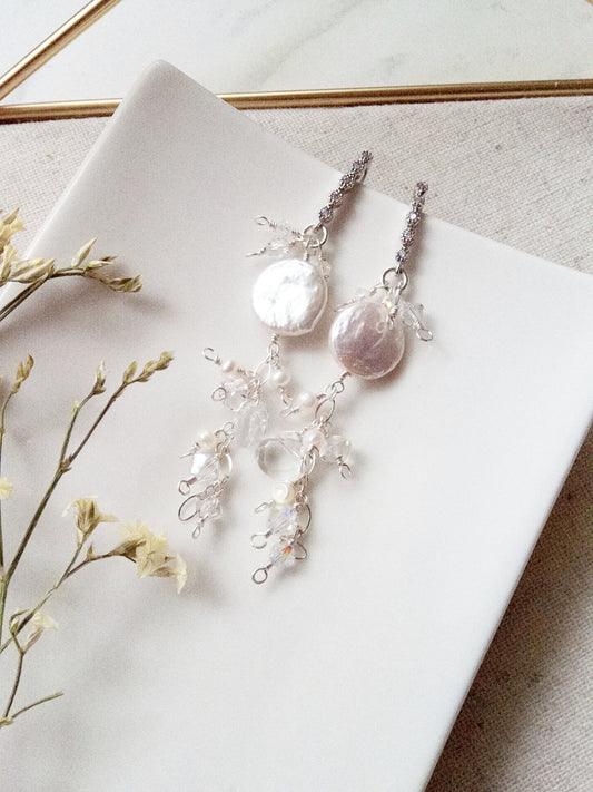 Long White Baroque Pearl Coin Cluster Silver Earrings E140100