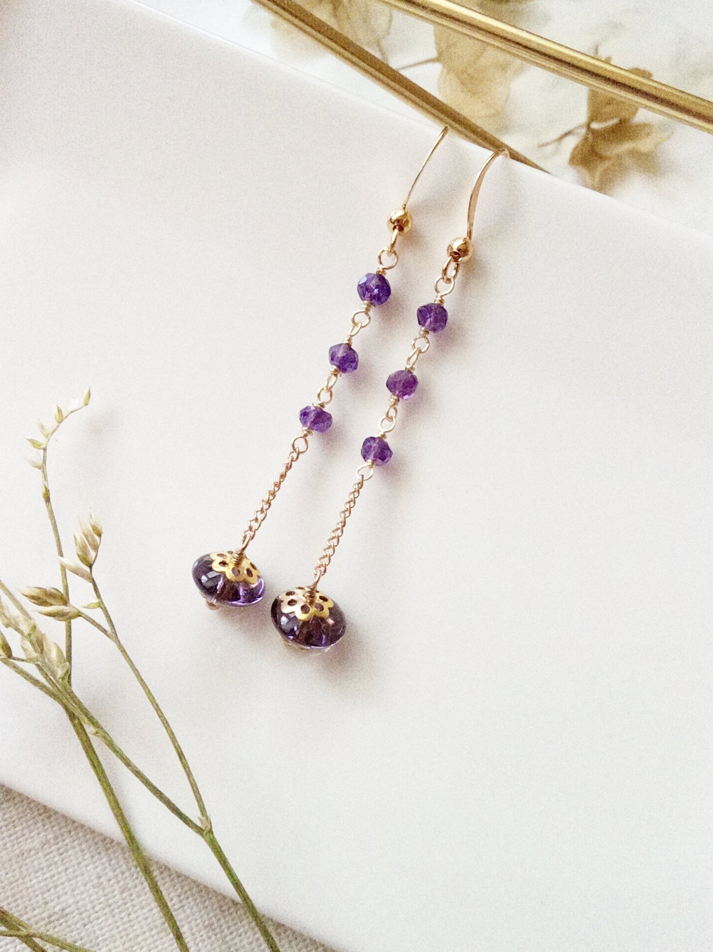 Natural Amethyst Dangle Gold Filled Earrings E140002