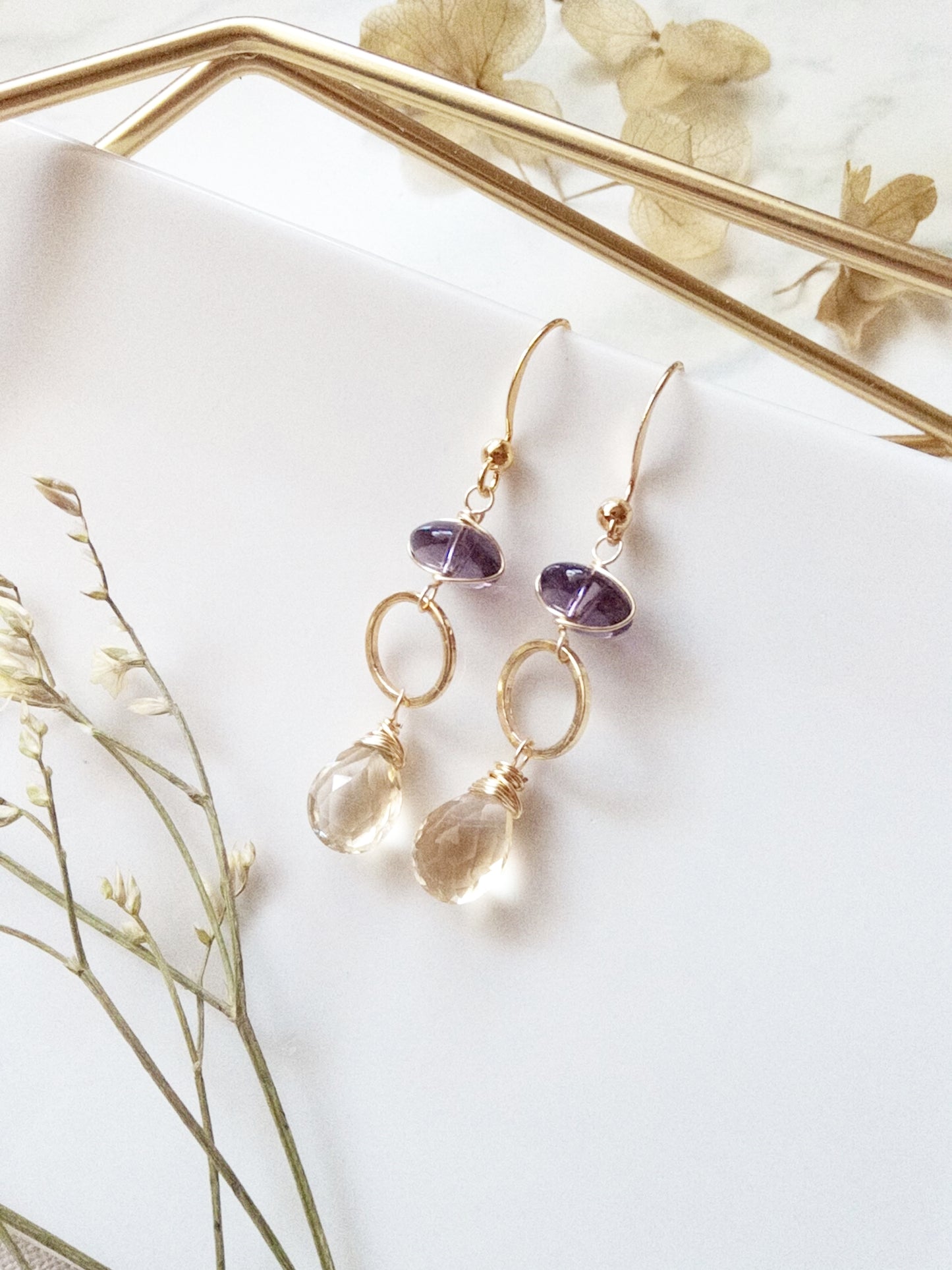 Citrine and Amethyst Semi Precious Gold Filled Earrings E140006