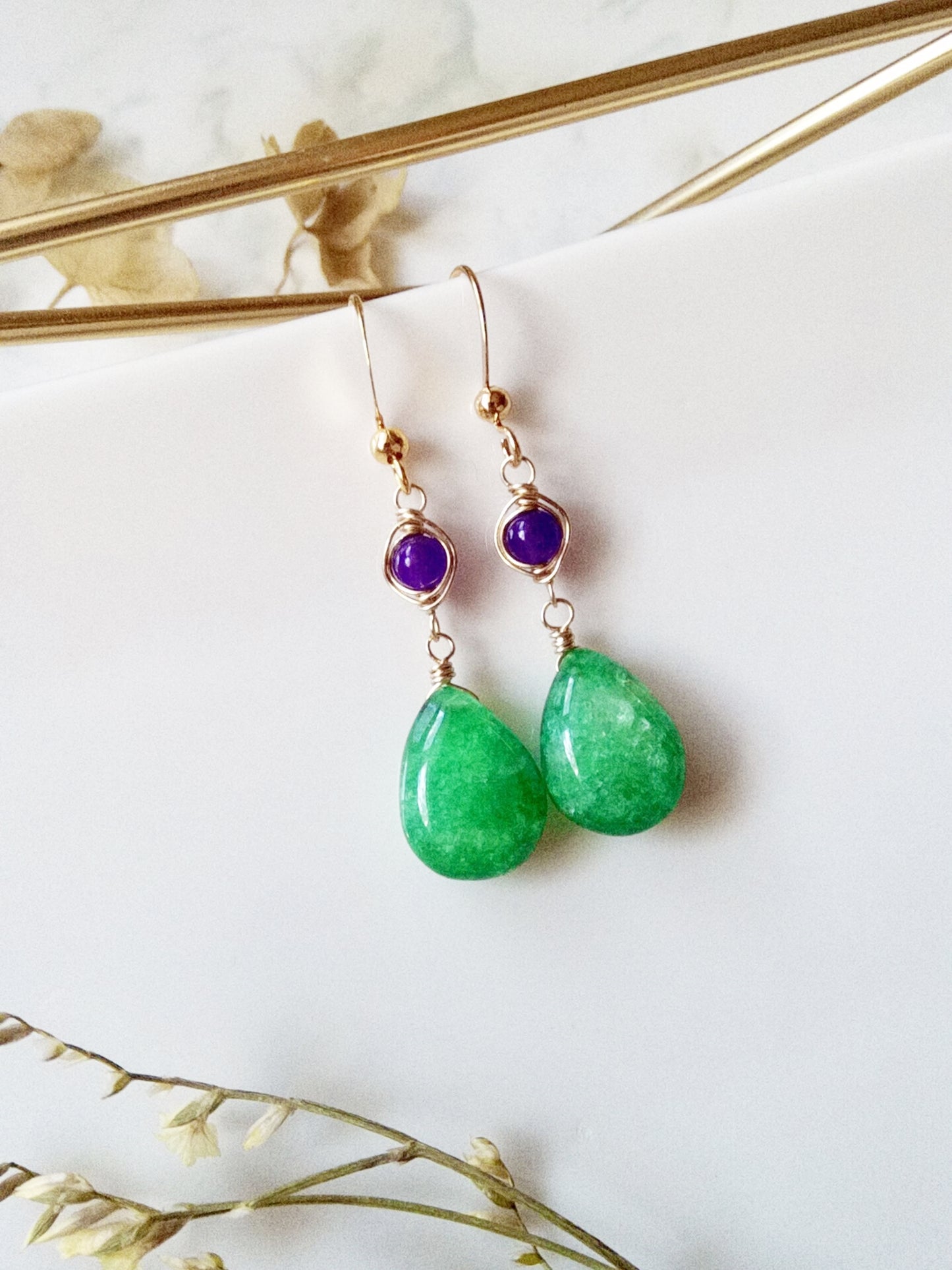 Green Onyx and Purple Amethyst Gold Filled Earrings E140010