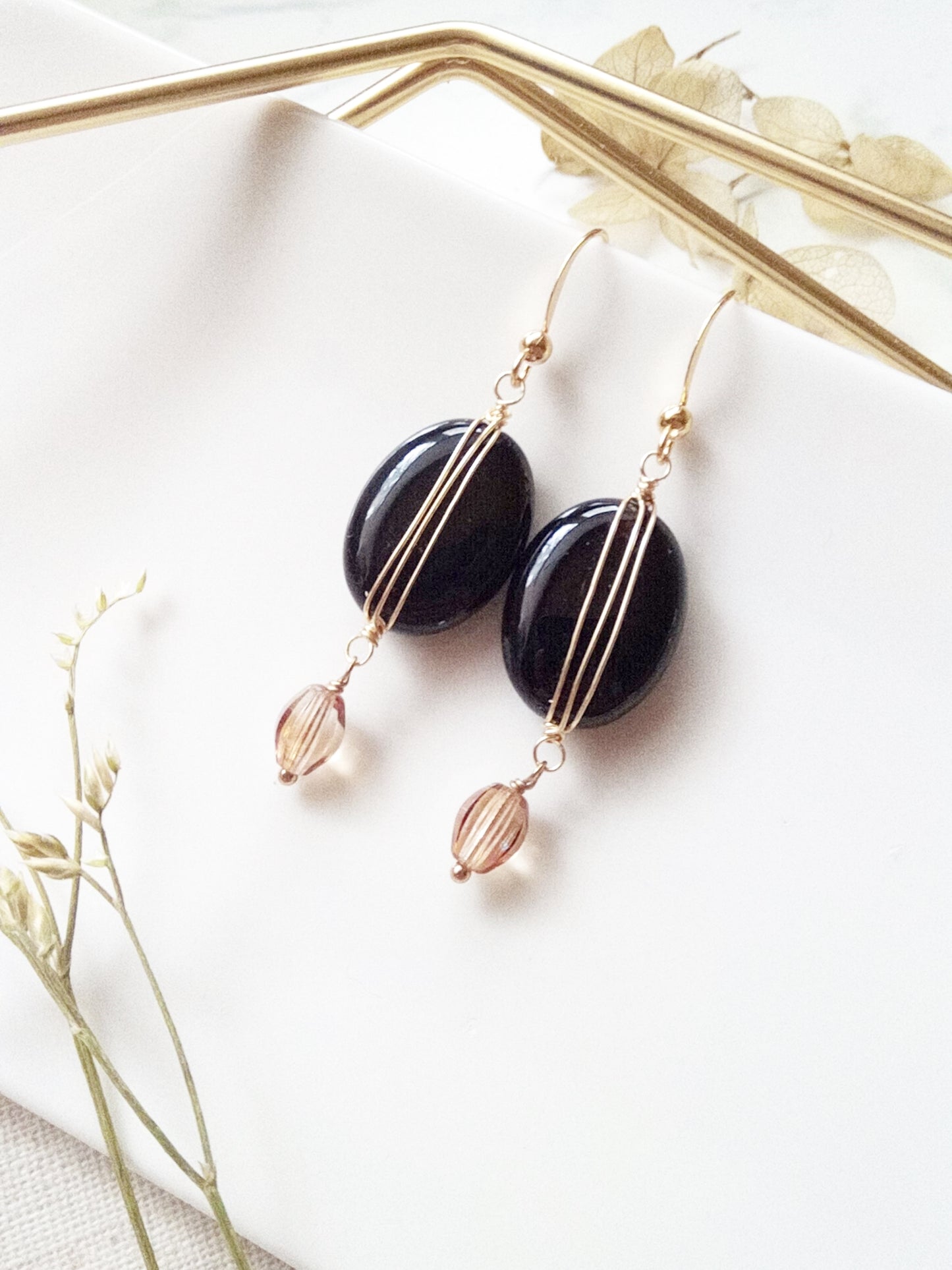 Black Onyx and Champagne Glass Gold Filled Earrings E140016