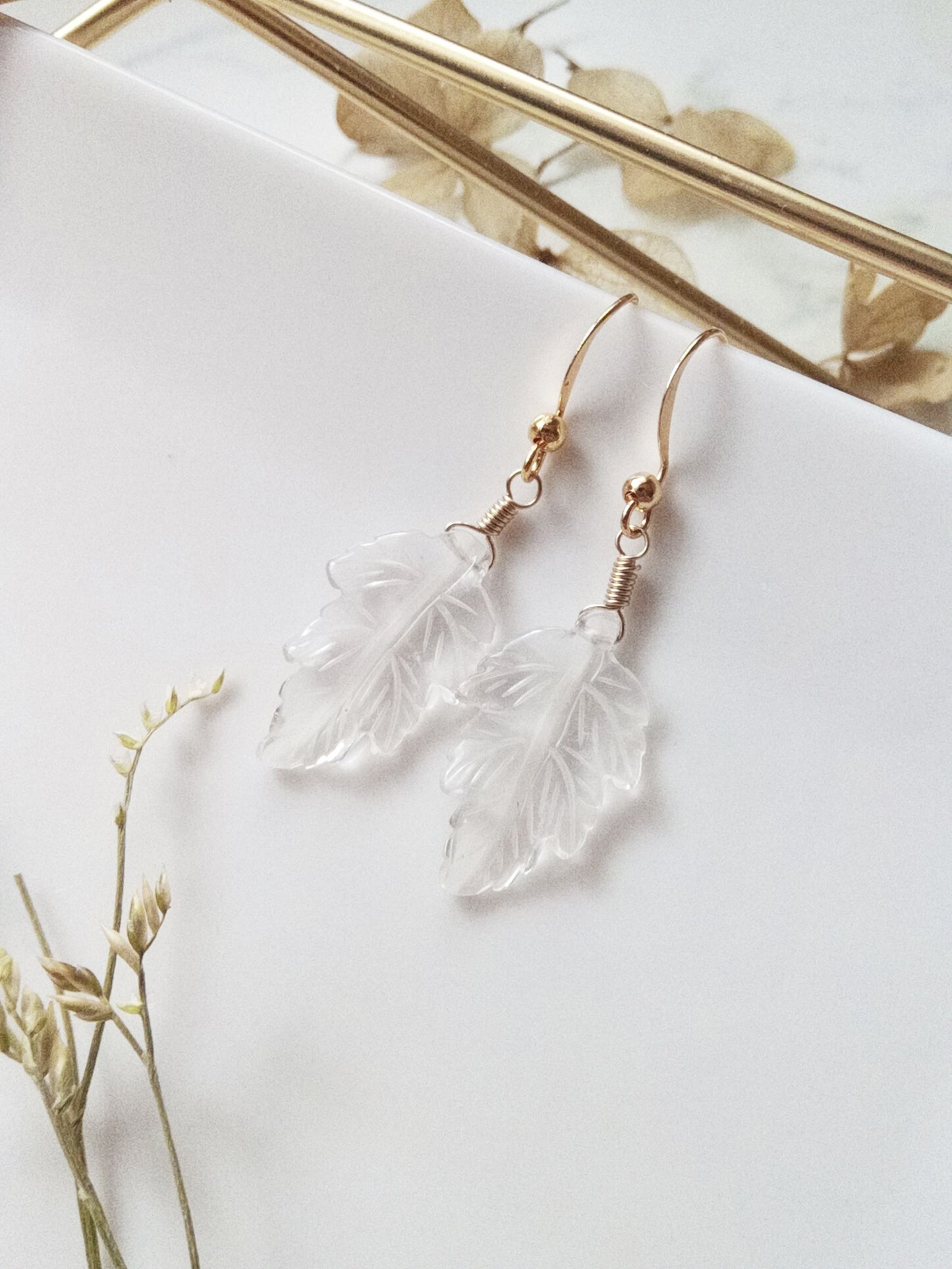 Rustic Clear Quartz Leaf Gold Filled Earrings E140029
