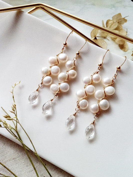 Dramatic White Freshwater Pearl and Clear Quartz Gold Filled Earrings E140032