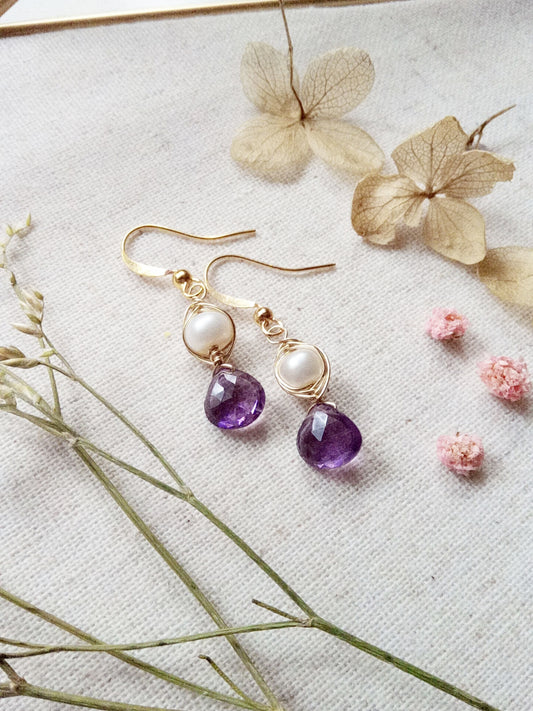 Amethyst and Freshwater Pearl Gold Filled Earrings E140048