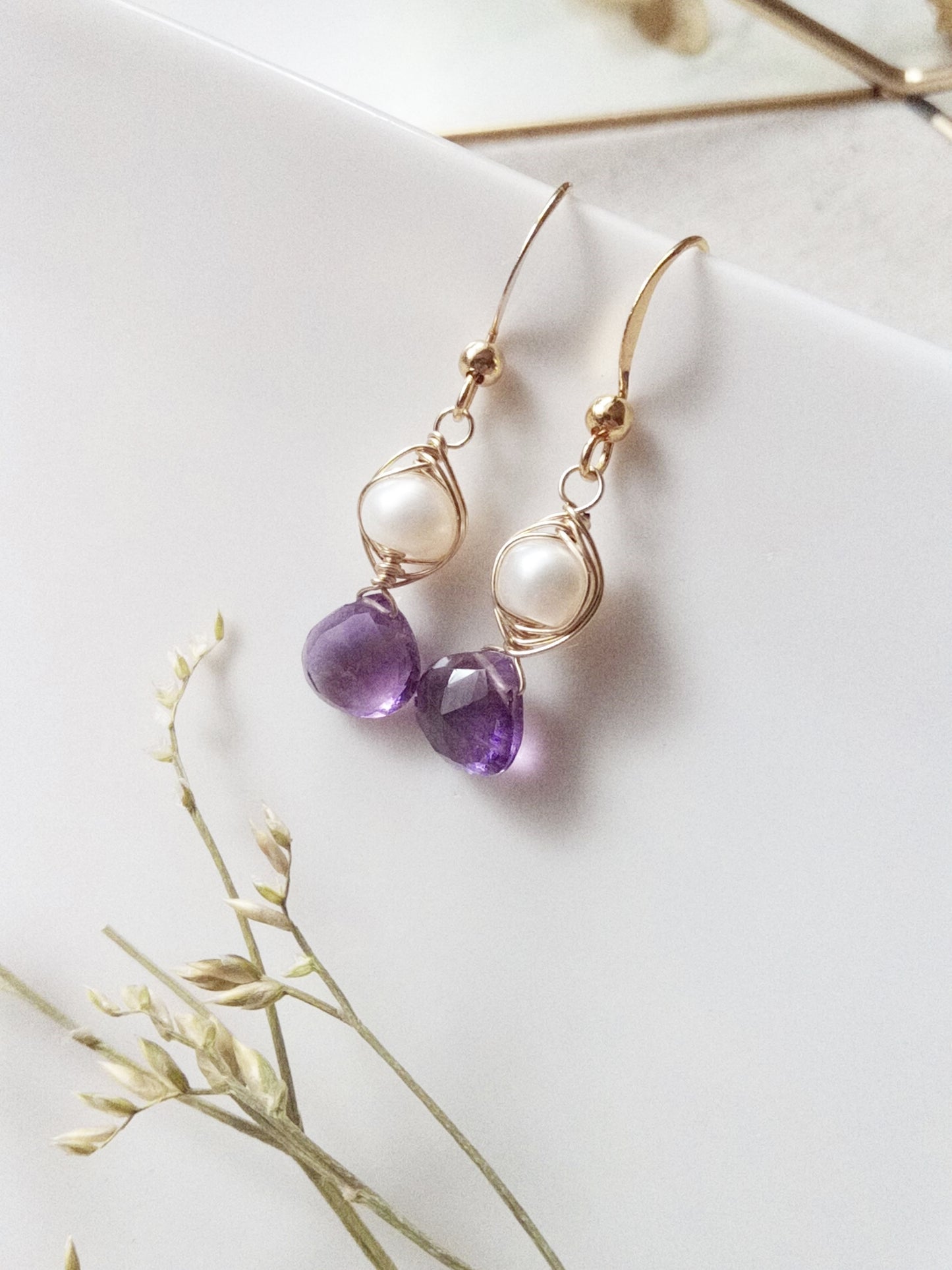 Amethyst and Freshwater Pearl Gold Filled Earrings E140048
