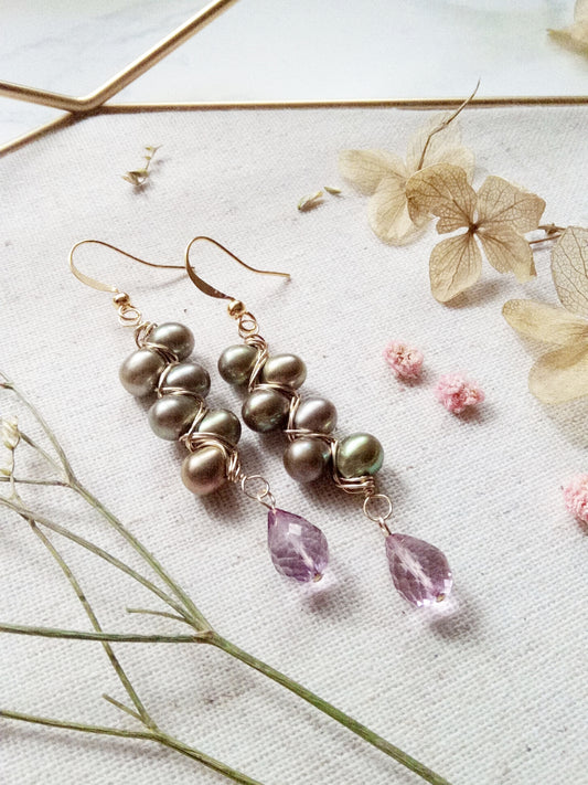 Nature Theme Pearl and Wine Topaz Gold Filled Earrings E140051