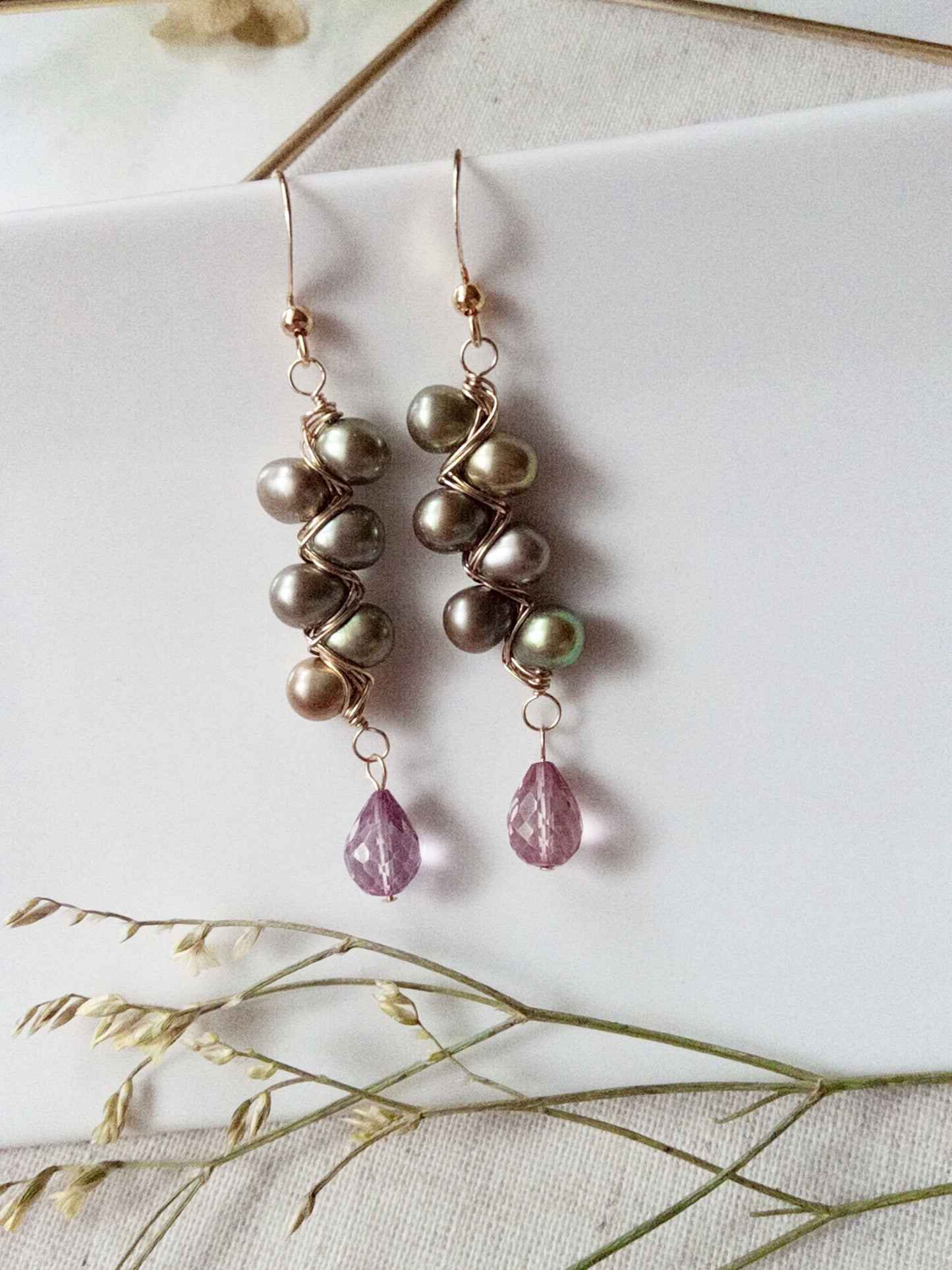 Nature Theme Pearl and Wine Topaz Gold Filled Earrings E140051