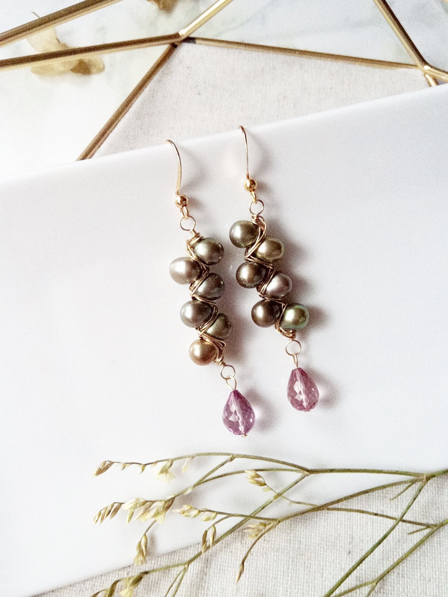 Nature Theme Pearl and Wine Topaz Gold Filled Earrings E140051