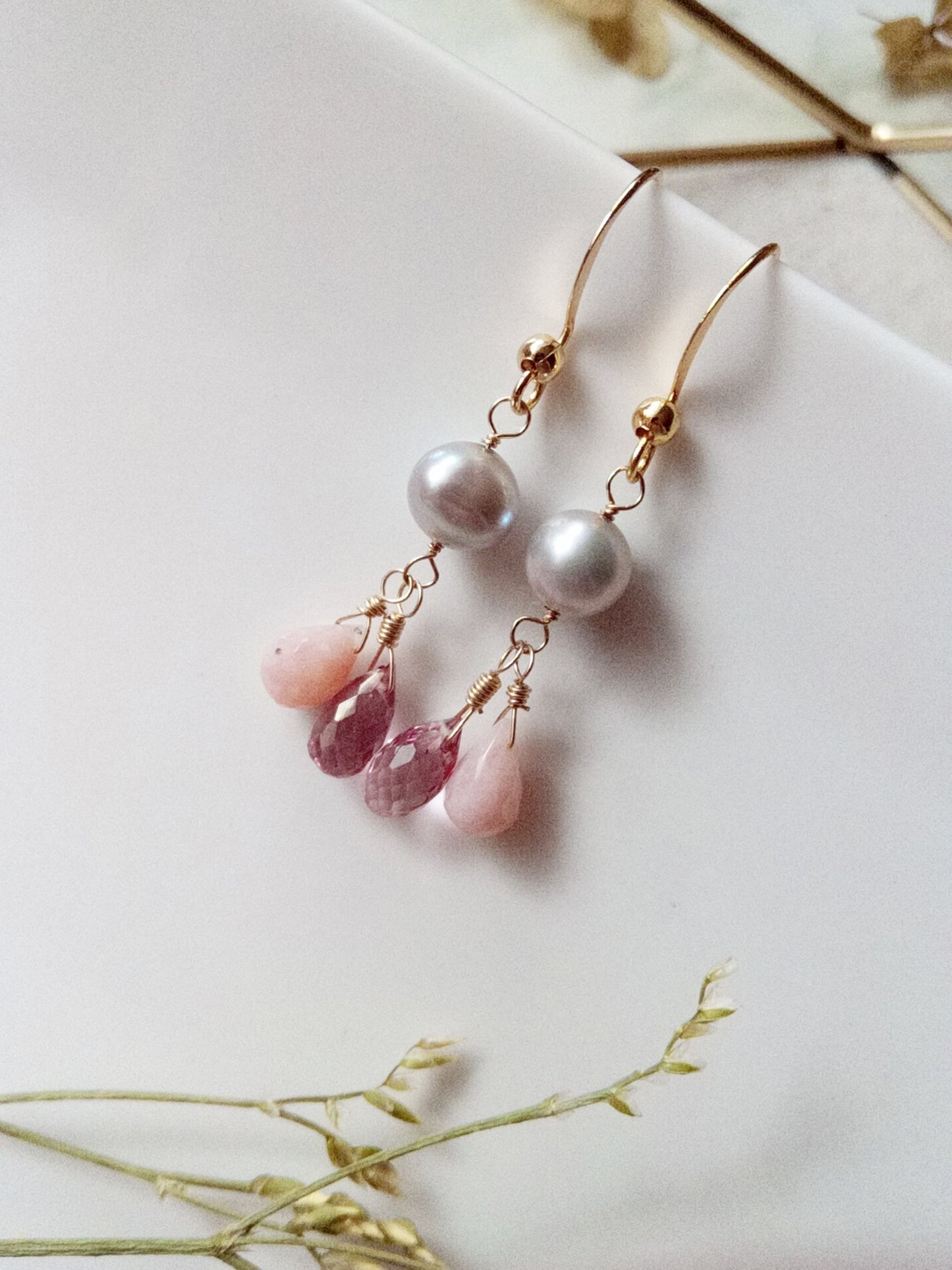 Romantic Pink Opal Pink Topaz and Freshwater Pearl Gold Filled Earrings E140052
