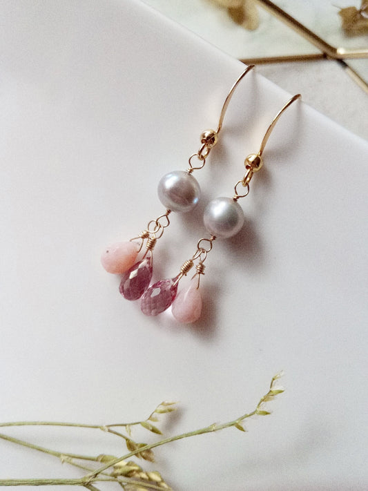 Romantic Pink Opal Pink Topaz and Freshwater Pearl Gold Filled Earrings E140052