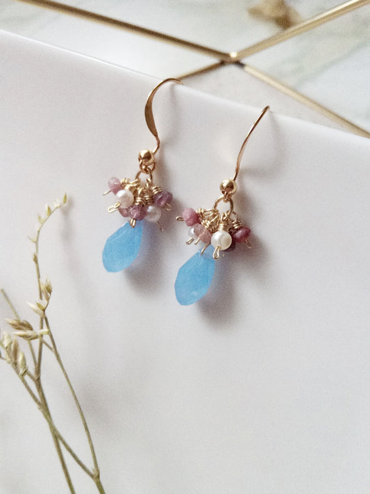 Tourmaline and Pearl Cluster Gold Filled Earrings E140053