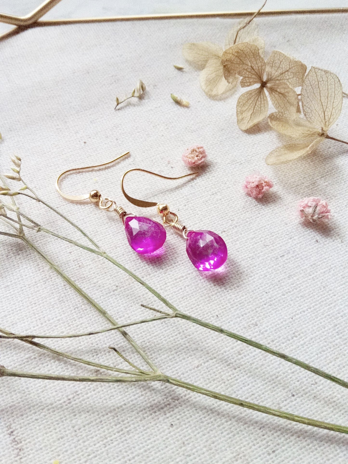 Hot Pink Topaz Teardrop Briolette Gold Filled Earrings E140056