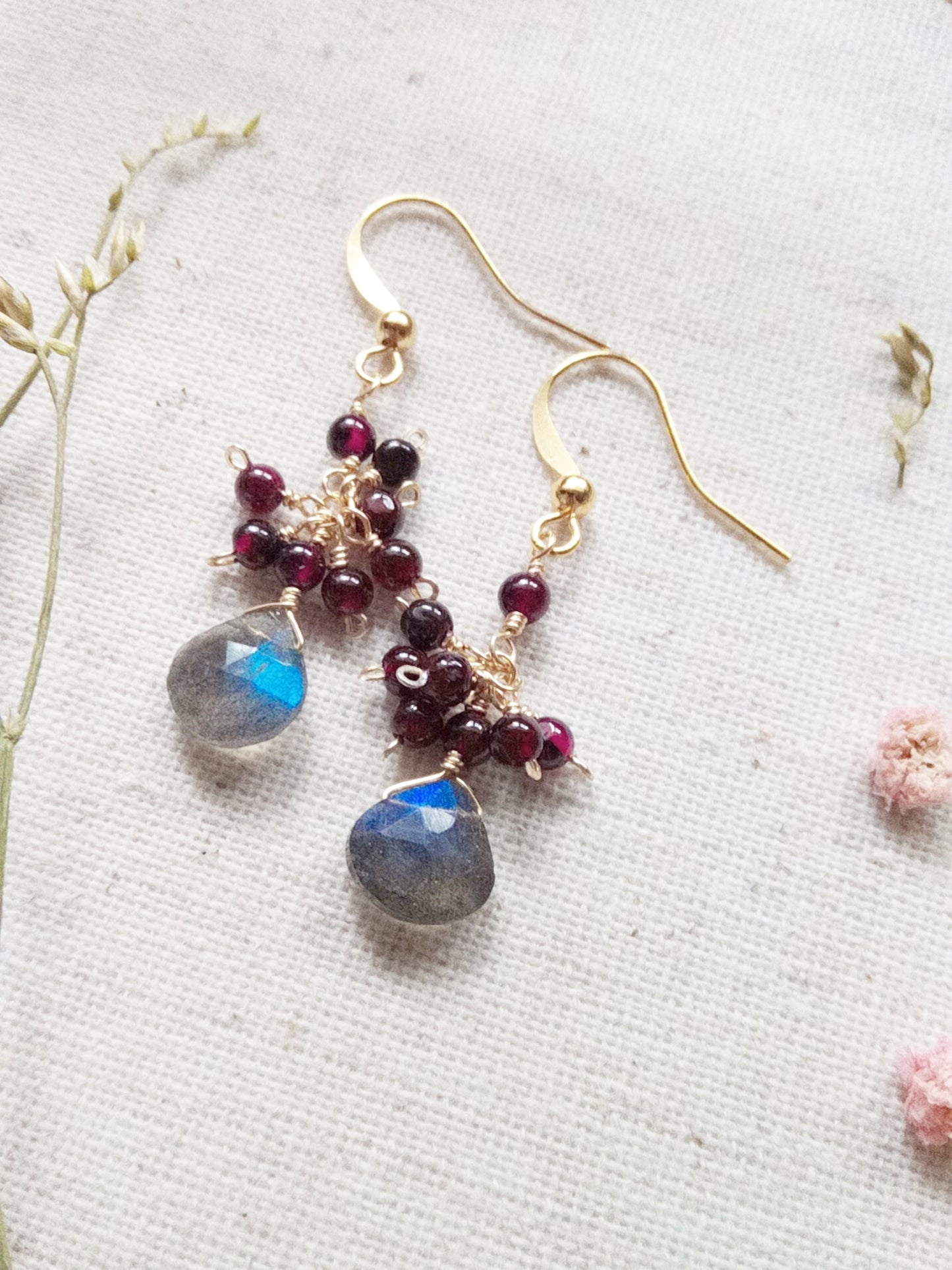 Fiery Blue Flash Labradorite and Garnet Gold Filled Earrings E140058