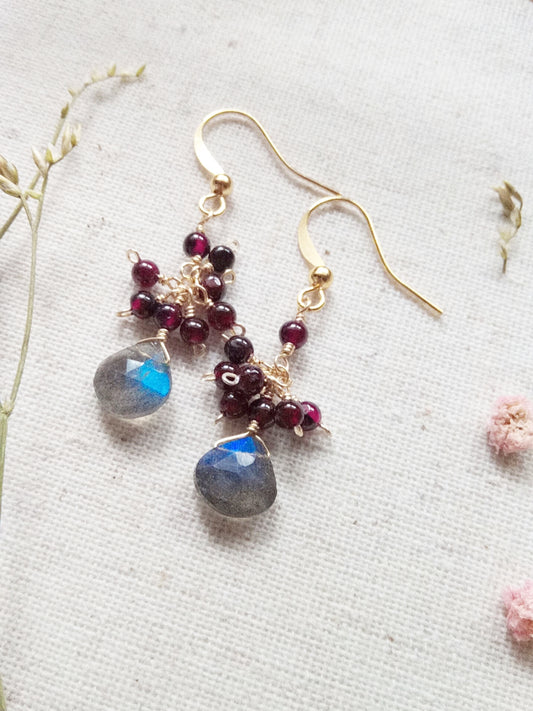 Fiery Blue Flash Labradorite and Garnet Gold Filled Earrings E140058