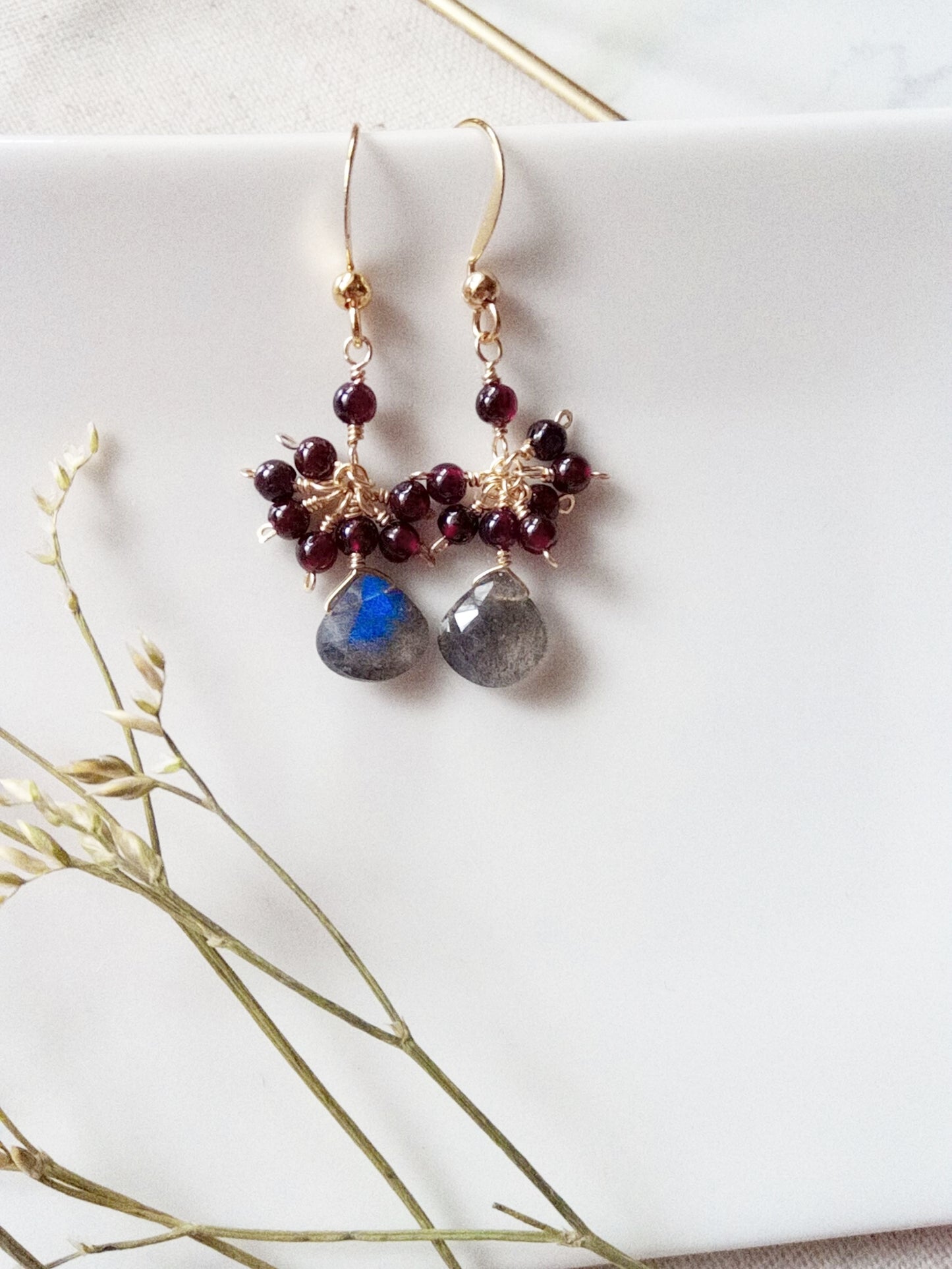 Fiery Blue Flash Labradorite and Garnet Gold Filled Earrings E140058