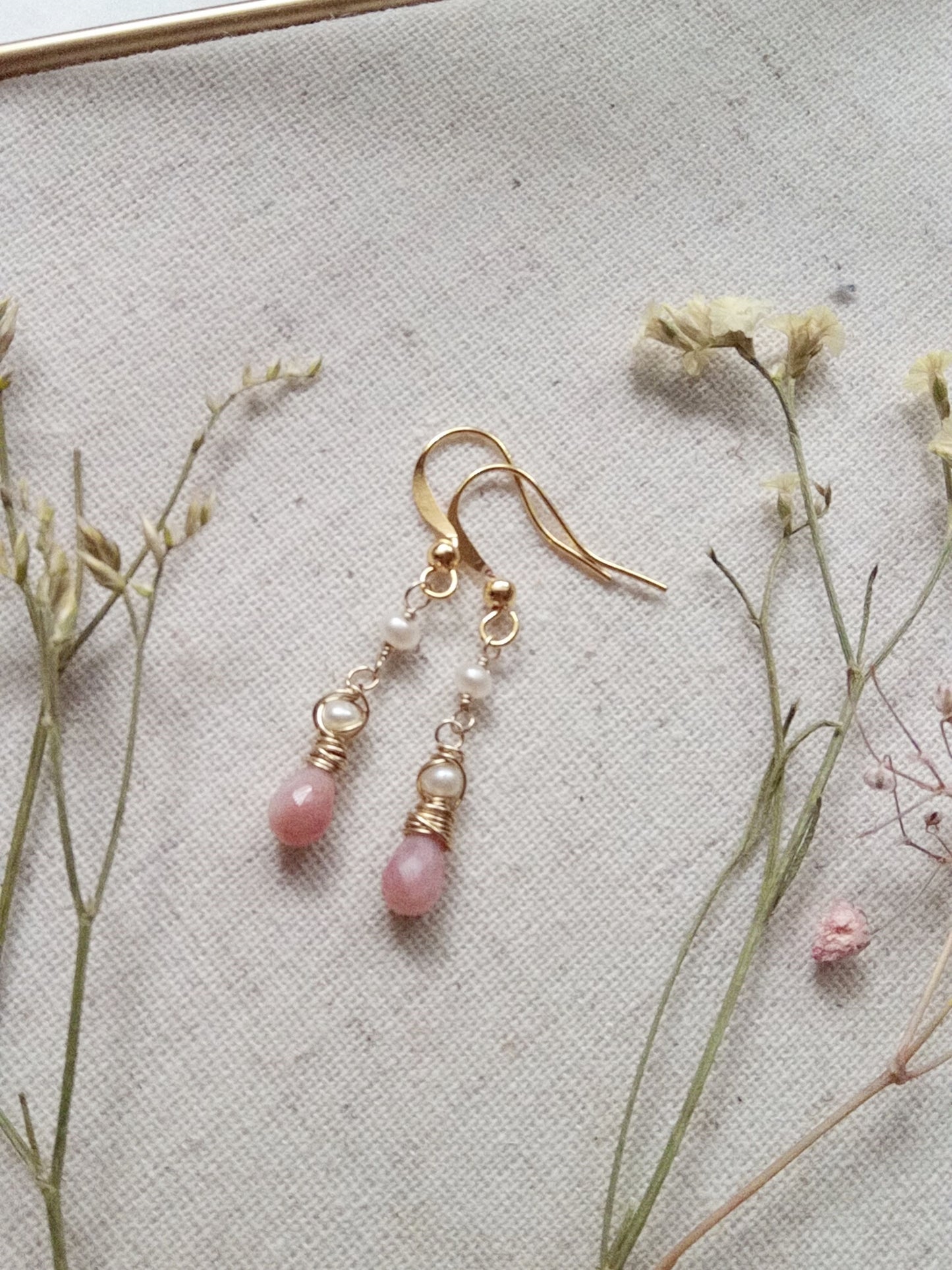 Delicate Pink Opal and Freshwater Pearl Gold Filled Earrings E140059