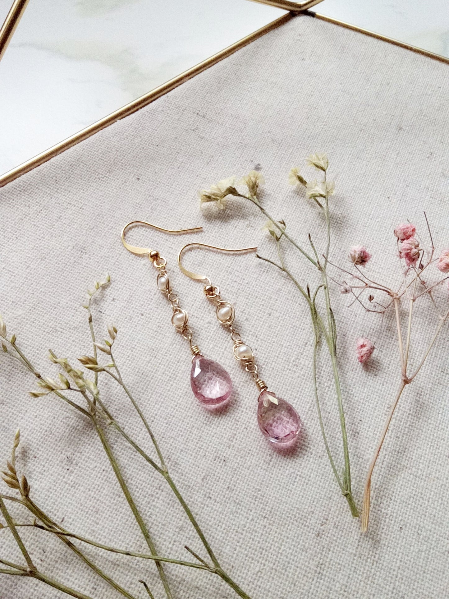 Pink Topaz Briolette and Frehwater Pearls Gold Filled Earring Dangle E140061