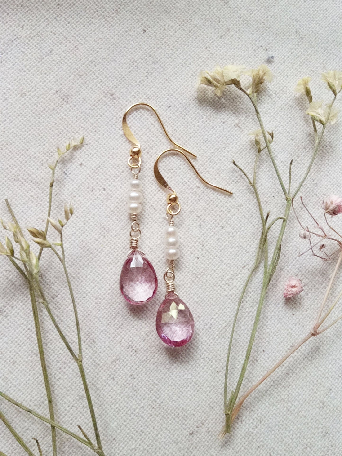 Long Pink Topaz and Freshwater Pearl Gold Filled Earrings E140062