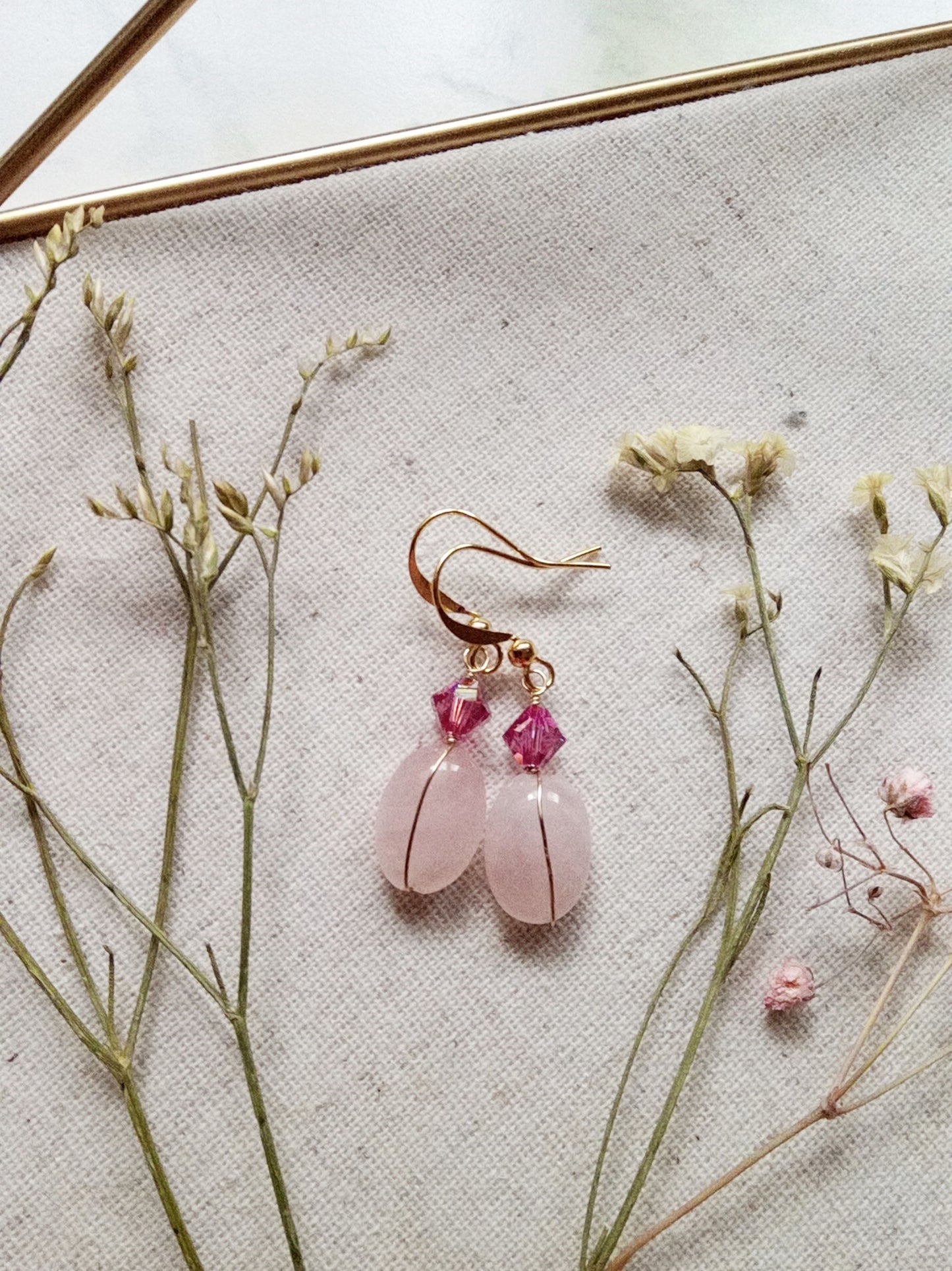 Rose Quartz and Austrian Crystal Dangle Gold Filled Earrings E140063