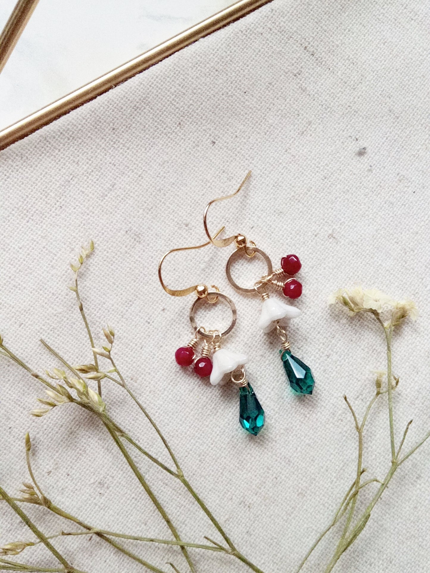 Red and Green Austrian Crystal Gold Filled Earrings E140066