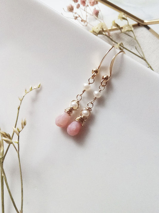 Delicate Pink Opal and Freshwater Pearl Gold Filled Earrings E140059