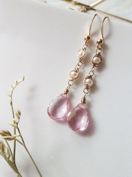 Pink Topaz Briolette and Frehwater Pearls Gold Filled Earring Dangle E140061