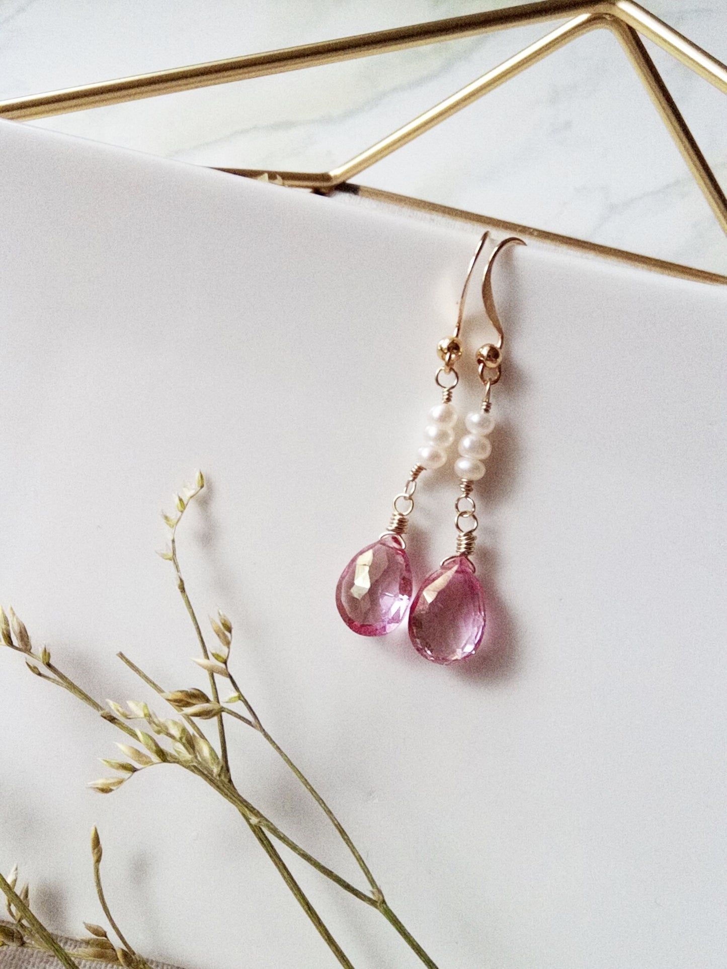 Long Pink Topaz and Freshwater Pearl Gold Filled Earrings E140062