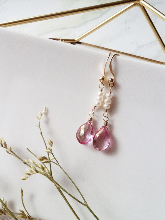 Long Pink Topaz and Freshwater Pearl Gold Filled Earrings E140062