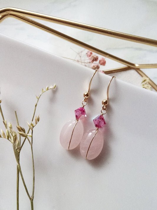 Rose Quartz and Austrian Crystal Dangle Gold Filled Earrings E140063