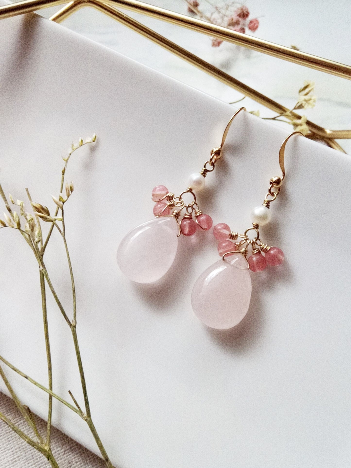 Rose Quartz and Freshwater Pearl Gold Filled Earrings E140064