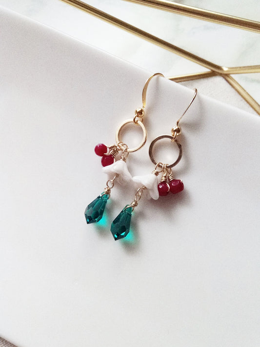 Red and Green Austrian Crystal Gold Filled Earrings E140066