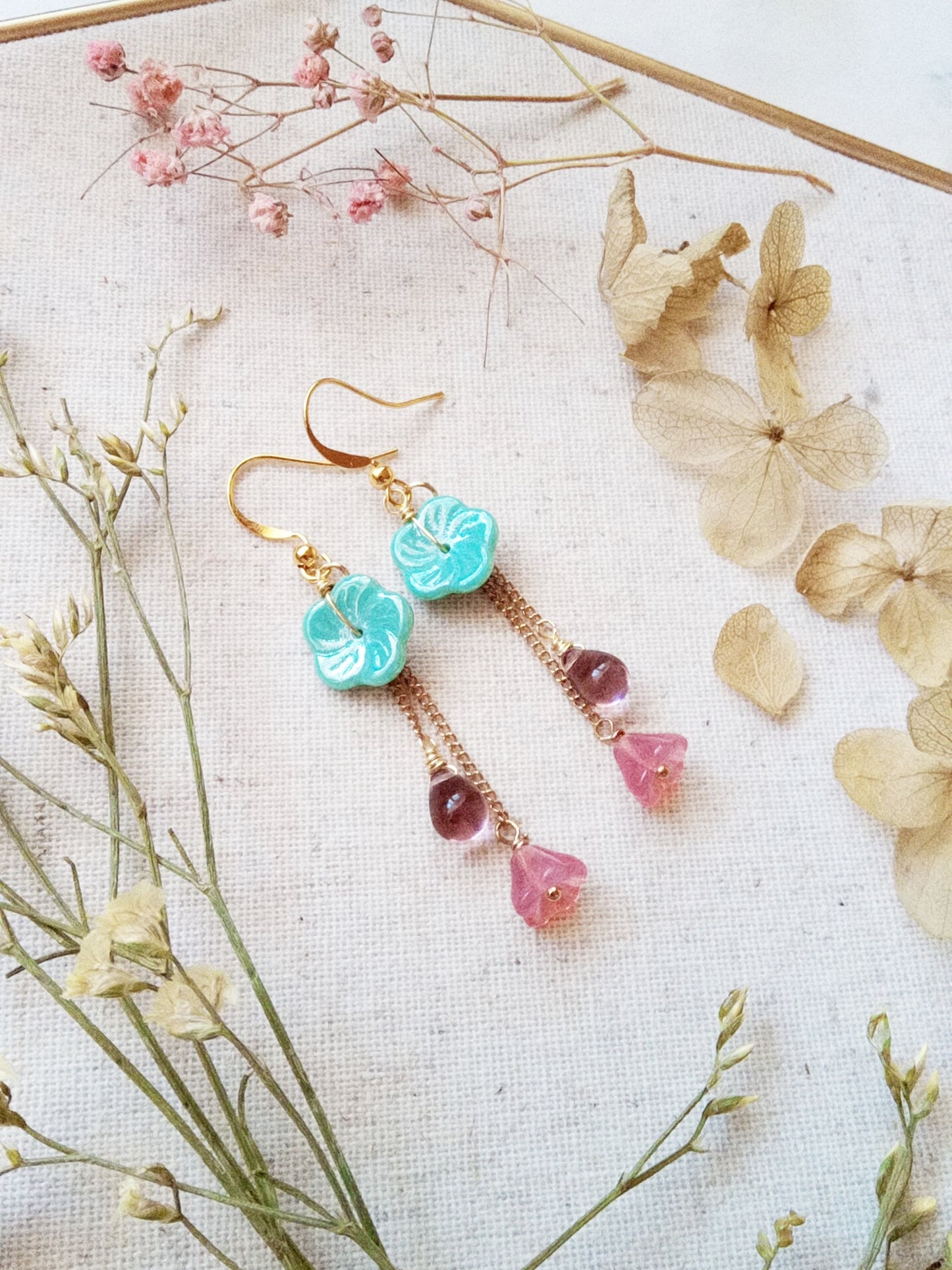 Nature Theme Czech Glass Flower and Leaf Drop Gold Filled Earrings E140036