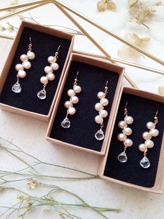 Romantic Ballet Pink Freshwater Pearl Clear Quartz Gold Filled Earrings E140102