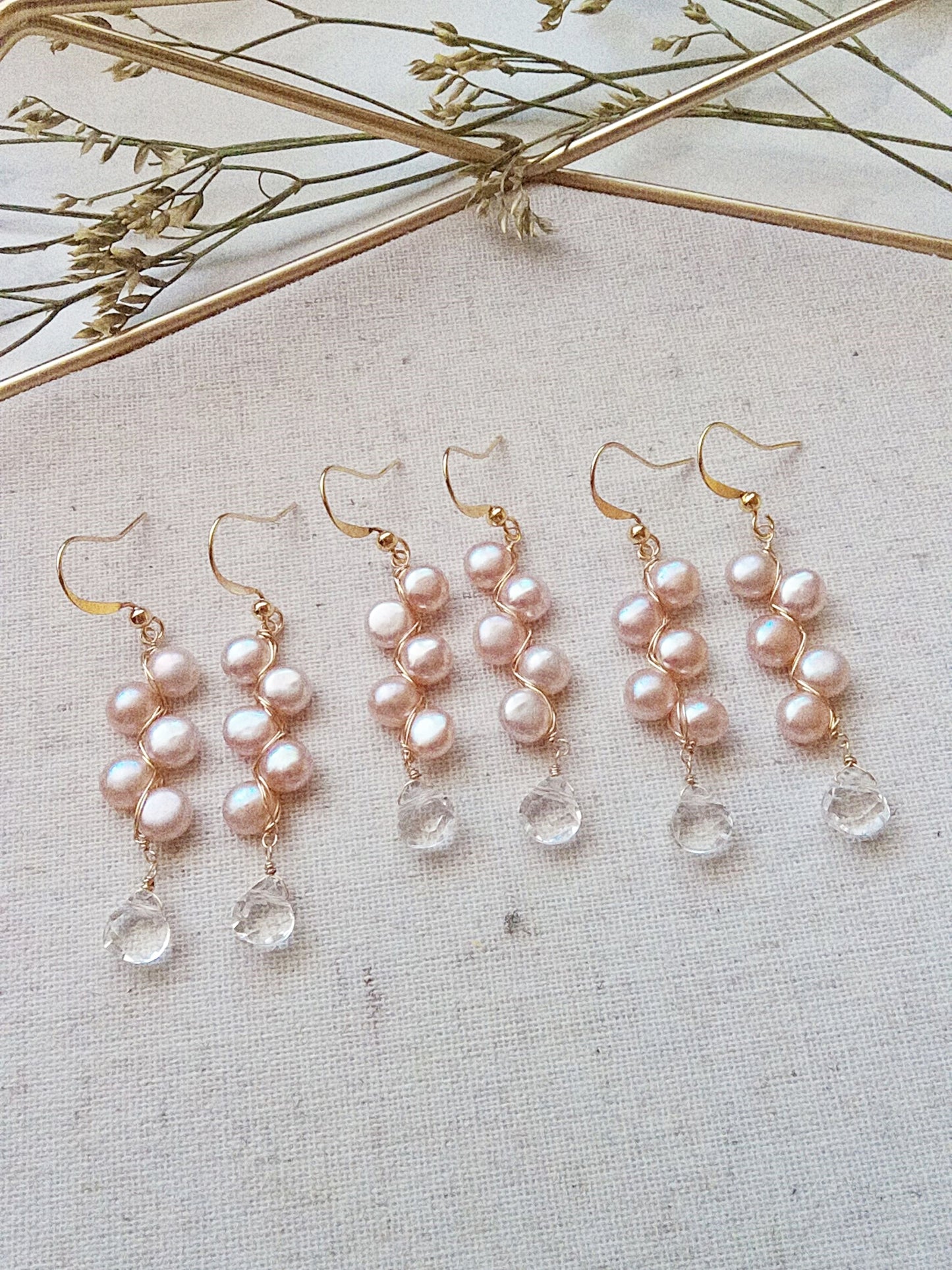 Romantic Ballet Pink Freshwater Pearl Clear Quartz Gold Filled Earrings E140102