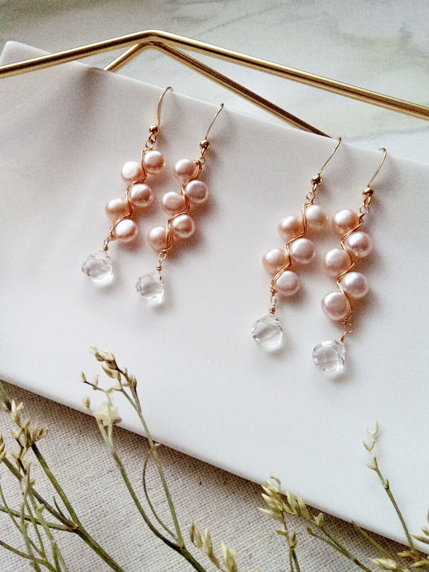 Romantic Ballet Pink Freshwater Pearl Clear Quartz Gold Filled Earrings E140102