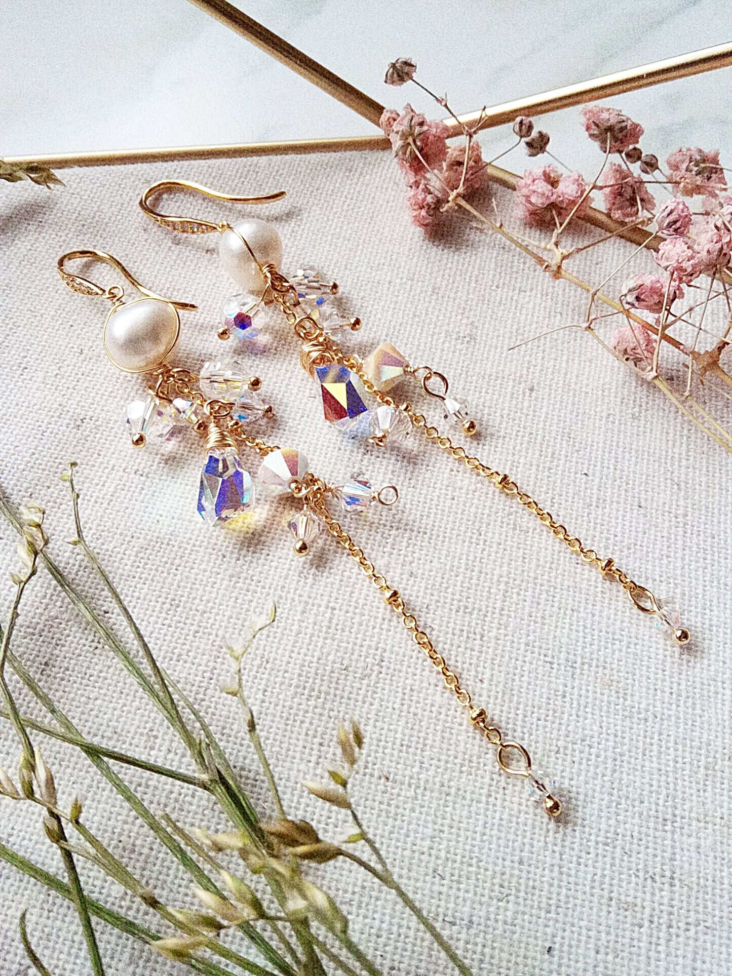 Long Dramatic Bridal Freshwater Pearl and Austrian Crystal Gold Filled Earrings E140108