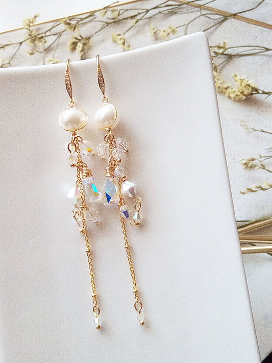 Long Dramatic Bridal Freshwater Pearl and Austrian Crystal Gold Filled Earrings E140108