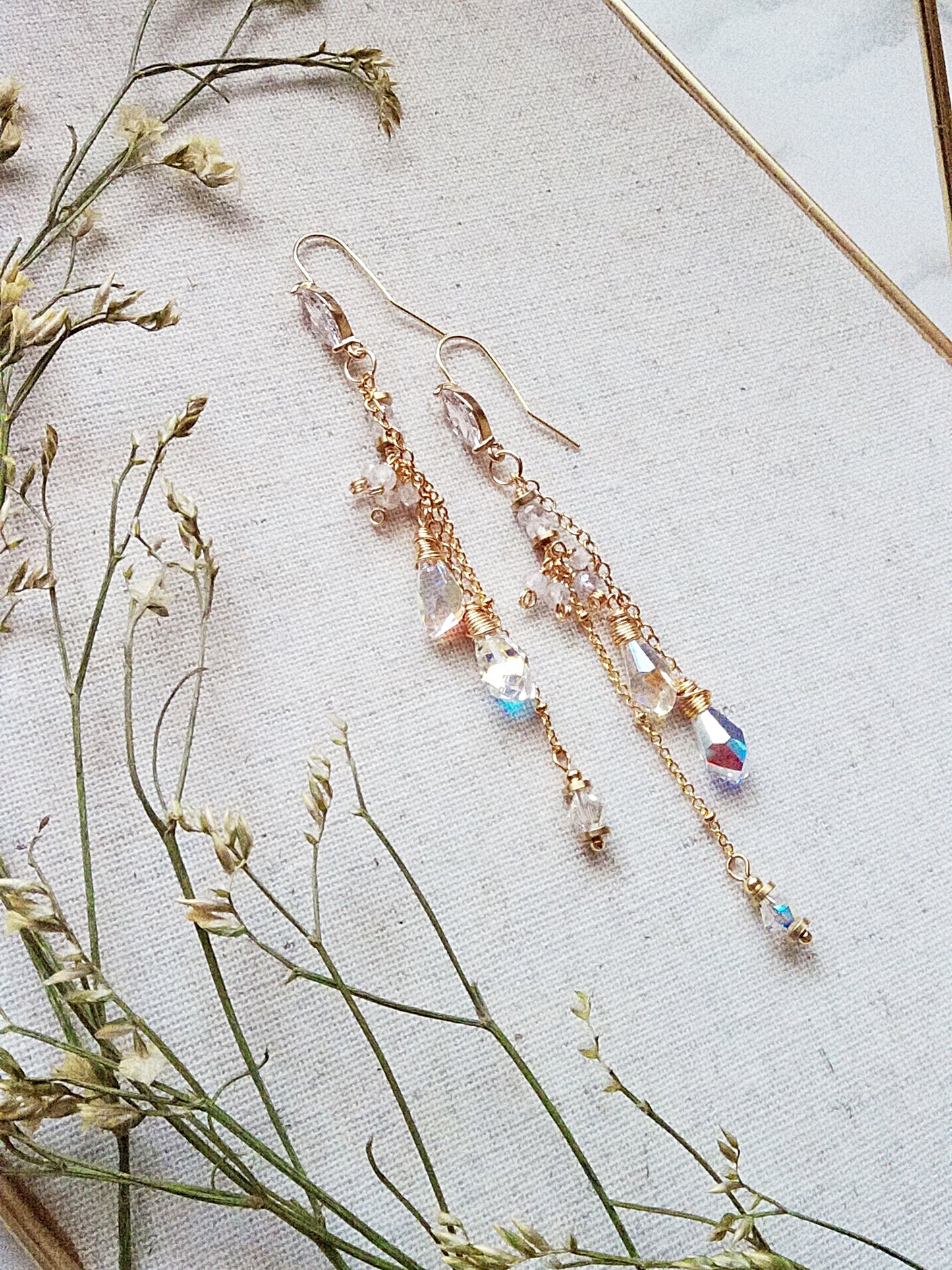 Long Aurora Borealis Austrian Crystal Gold Filled Earrings E140114