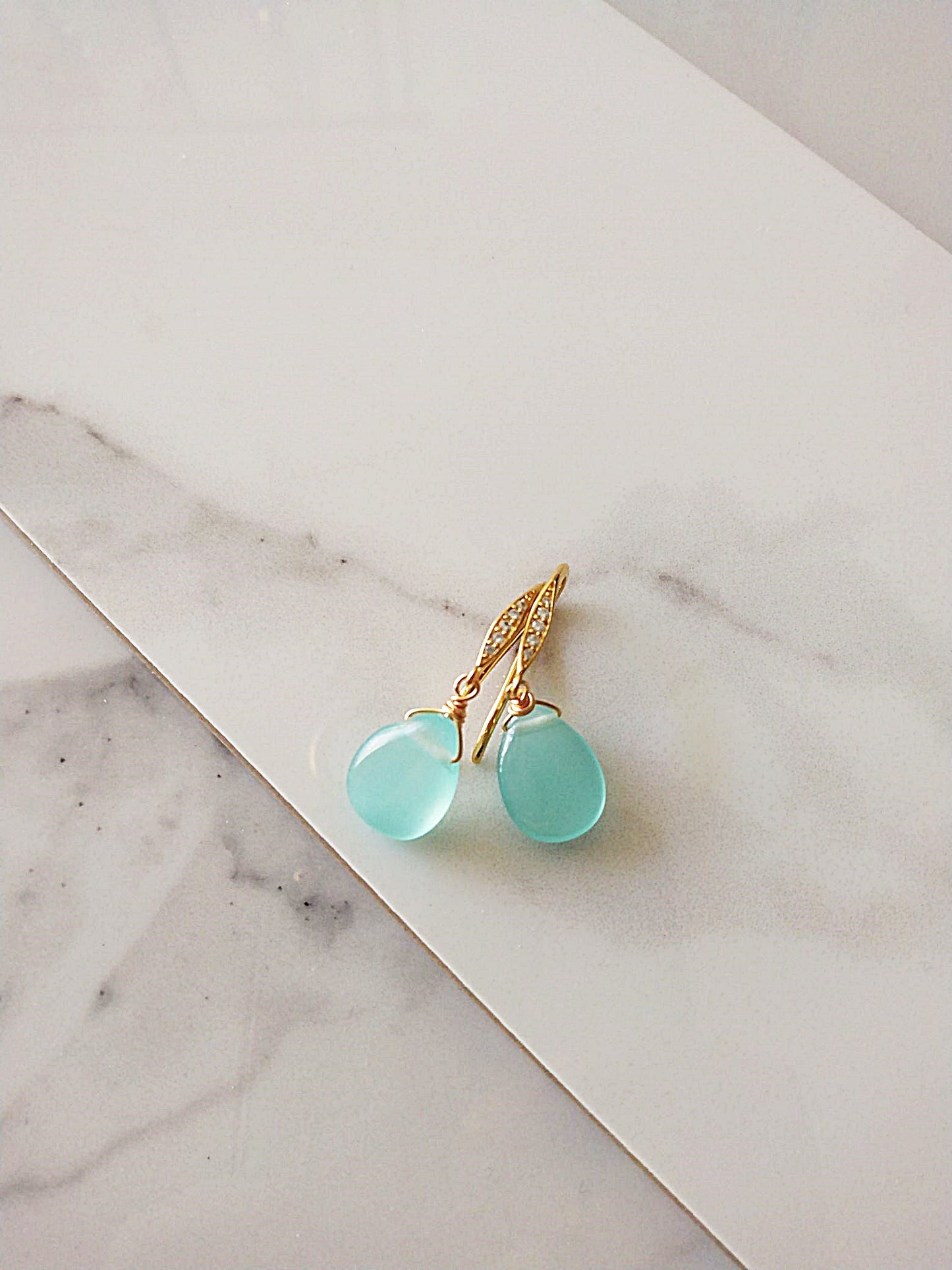 Beach Wedding Sea Foam Blue Chalcedony Gold Earrings E140091