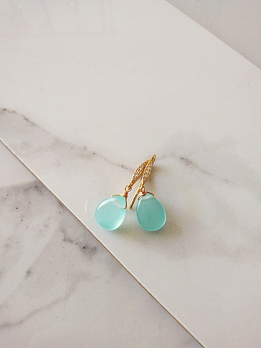 Beach Wedding Sea Foam Blue Chalcedony Gold Earrings E140091